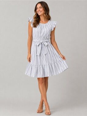 Briggs New York Blue and White Striped Tie-Waist Midi Dress